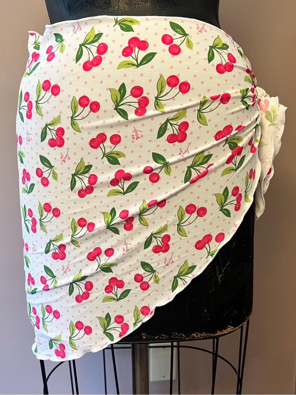 NEW Betsey Johnson White Juicy Cherry Dot Print Sarong Wrap Size M Polka Dot